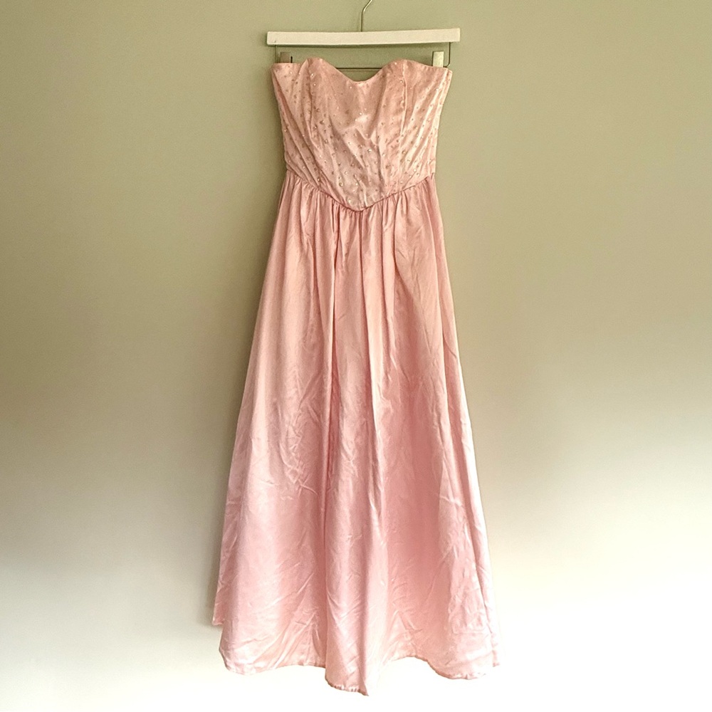 🩰VINTAGE 80s Prom Light Pink Glitter Dot Bow Strapless Cocktail Dress